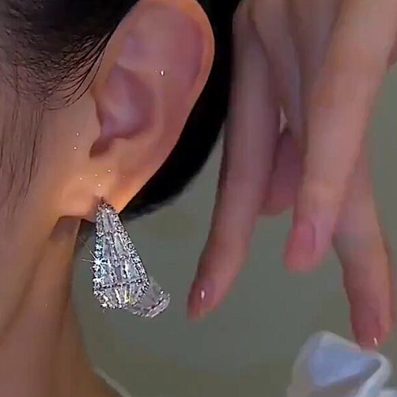 Double Edge Side Zircon Earrings, Dangle Wedding Anniversary Bridal - Picture 2 of 6